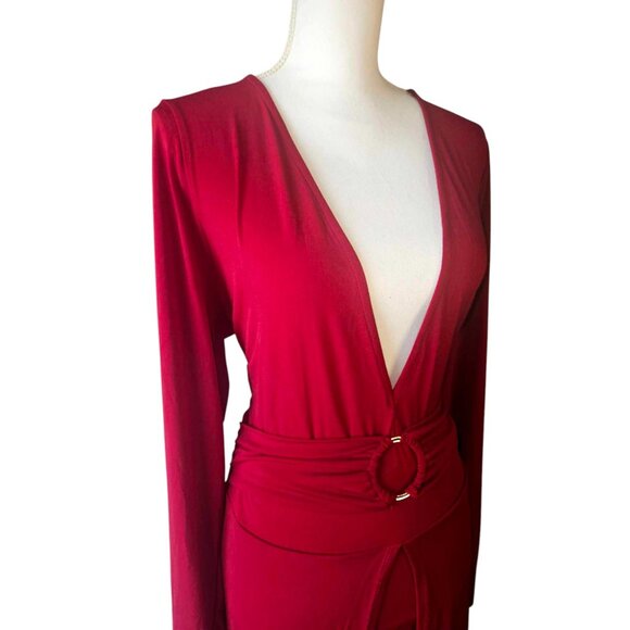 Curvy Sense 2X Red maxi dress long sleeve belted waist, and deep V-neckline - Picture 4 of 4